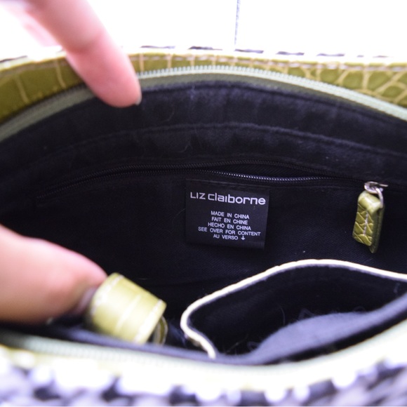 LIZ CLAIBORNE Retro Houndstooth Lime Green Shoulder Bag Purse - Picture 11 of 12